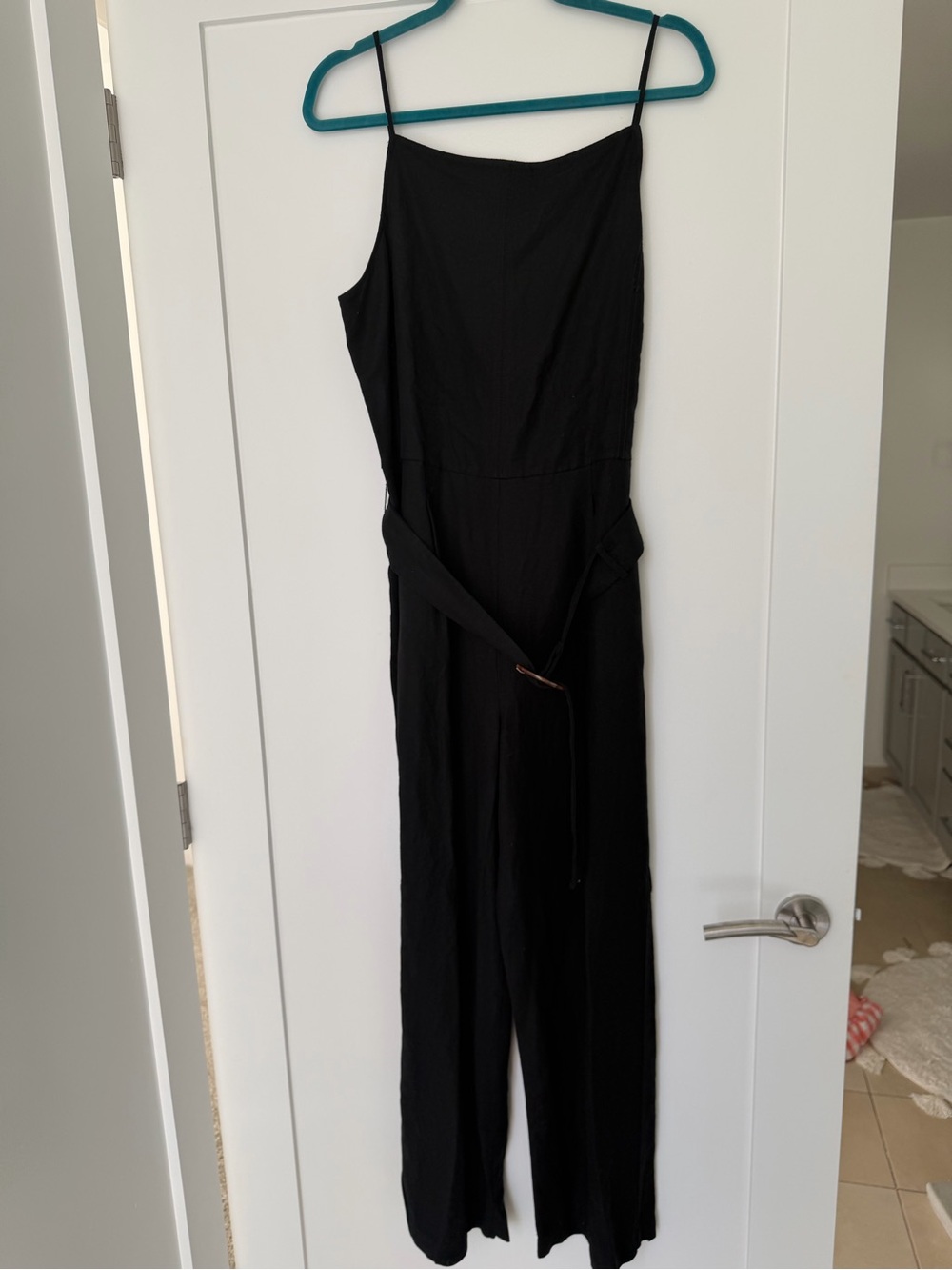 LOFT Black Spaghetti-Strap Wide-Leg Jumpsuit with Waist Tie